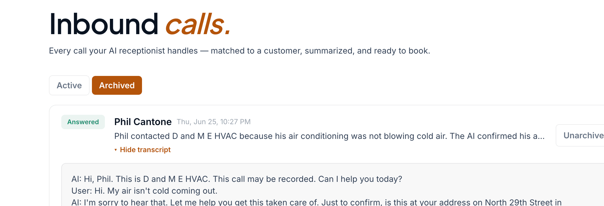 Setpoint inbound calls screen with an answered call summary and transcript