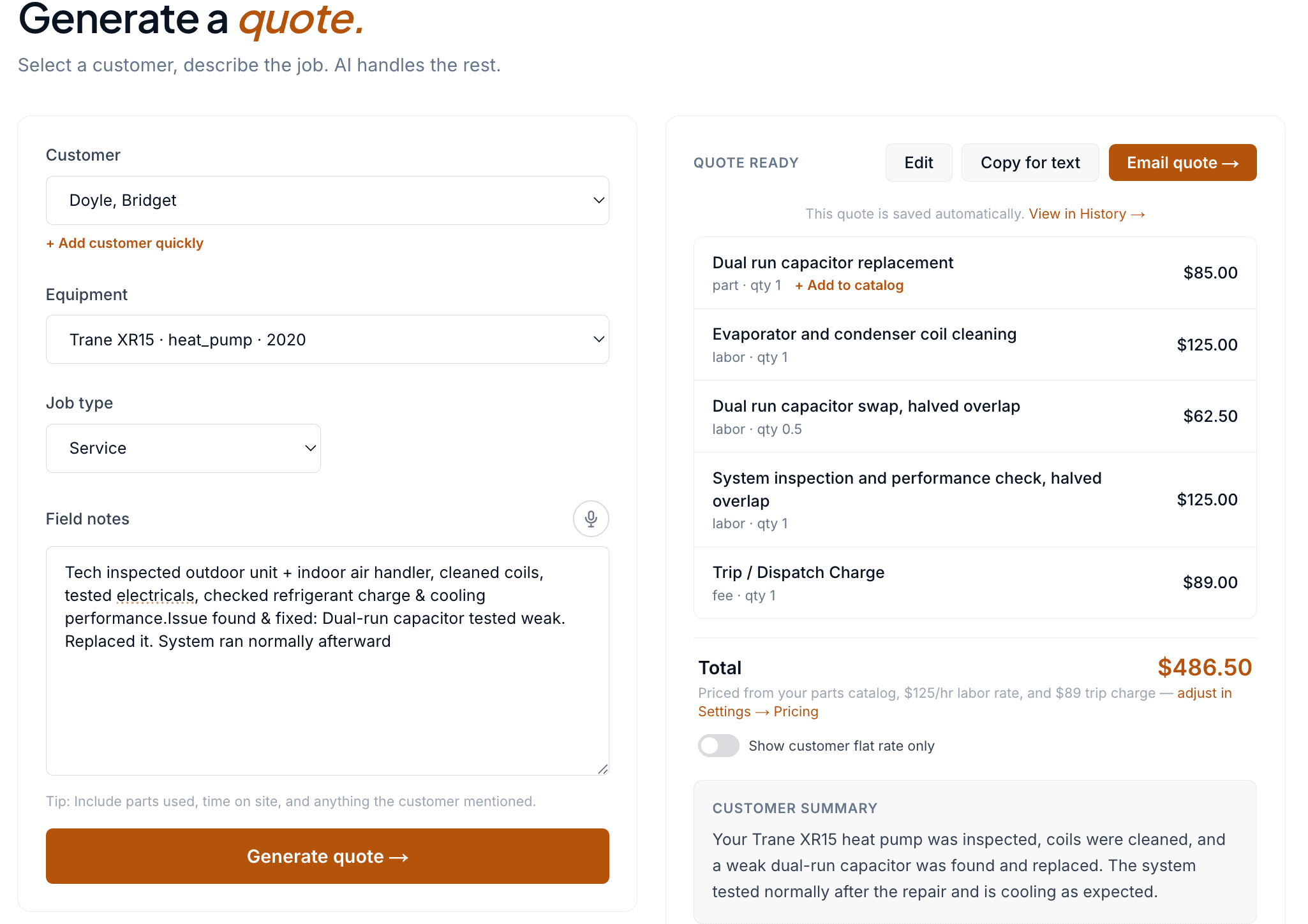 Setpoint quote generator turning field notes into priced line items and a customer summary