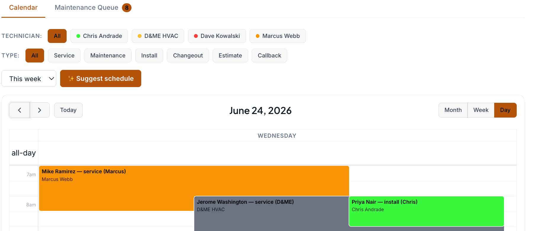 Setpoint dispatch calendar with technician filters and scheduled HVAC jobs