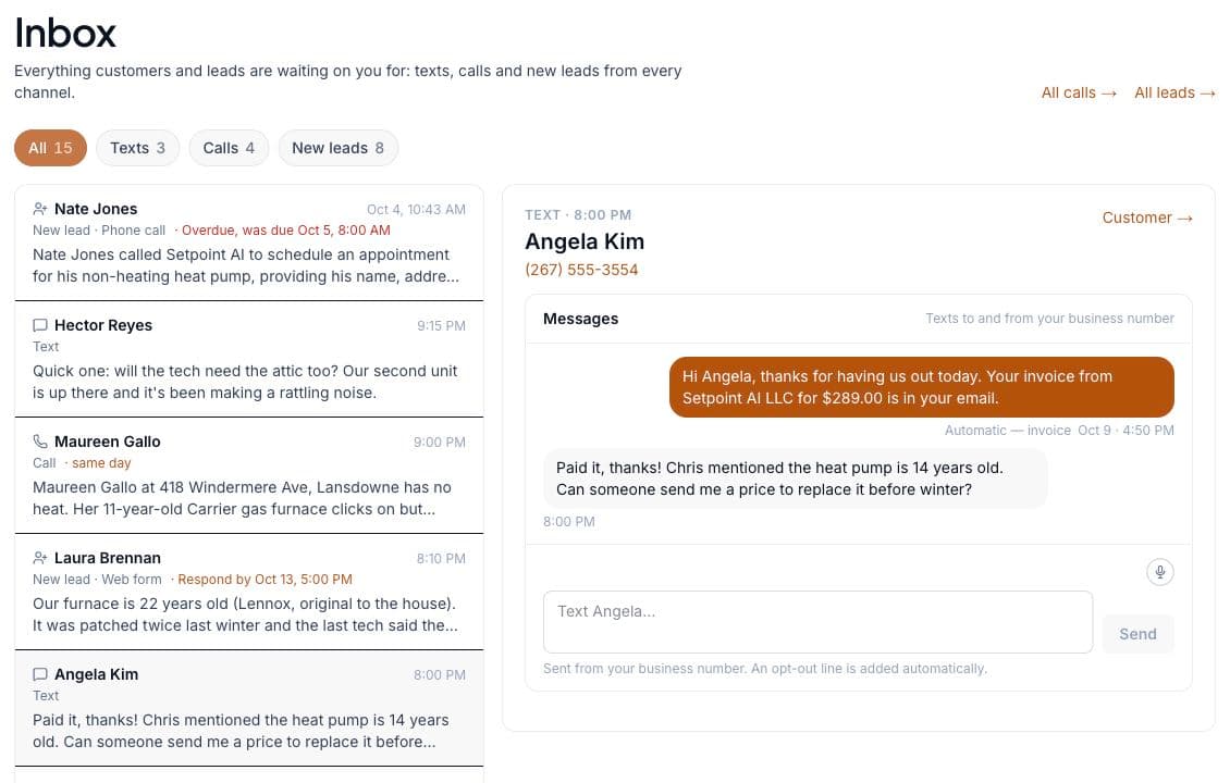 Setpoint shared inbox showing calls, texts, web leads, and a customer asking about heat pump replacement